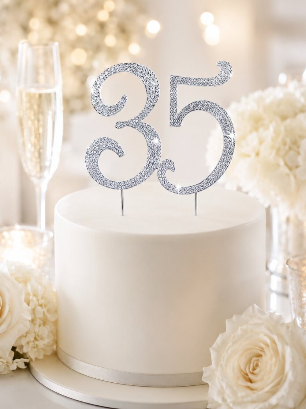 Rhinestone Cake Topper - Number 35 - Silver Metal with Czech Rhinestones